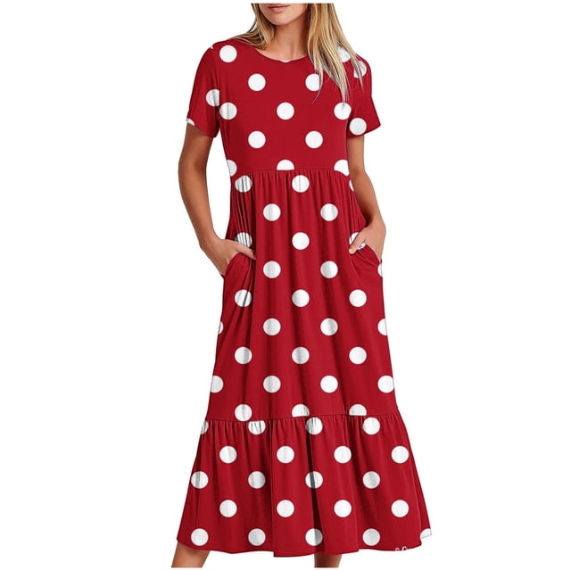 Tumotour Robe d'Été pour Femmes, Imprimée, Ample, Décontractée, à Manches Courtes, Col Ras du Cou, Ligne A, Évasée, Fluide, à Étages, Chemise, Maxi, Plage, Longue, 2025, Tenues Tendance avec Poches