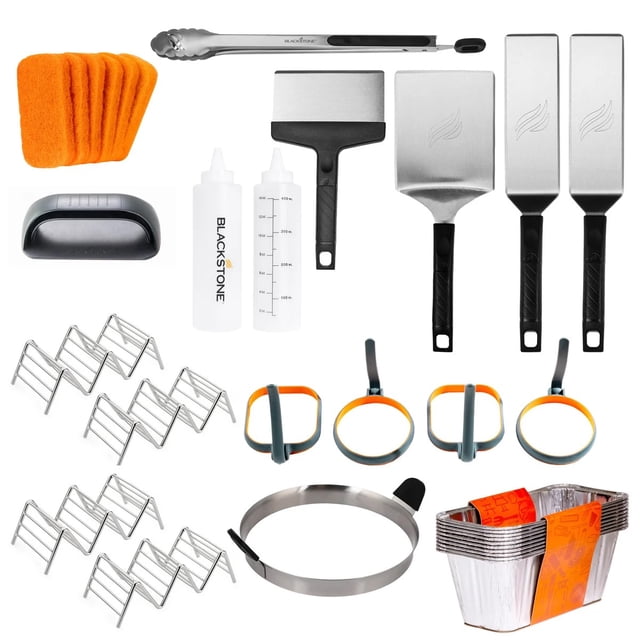Blackstone Griddle Accessory Set, 30-piece, designed for BBQ tools and outdoor cooking. Includes stainless steel spatulas, tongs, taco racks, egg rings, grease cup liners, BPA-free squeeze bottles, scrub pads, and an omelet ring. Features heat-resistant handles for safe and efficient griddle use.