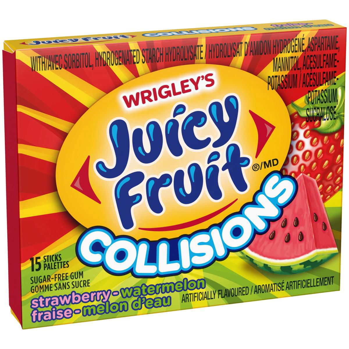 Gomme balloune Juicy Fruit Collisions fraise et melon d’eau, sans sucre, format individuel, 15 palettes