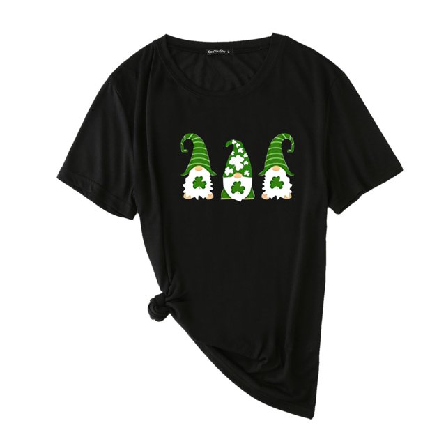 Pxiakgy Vente de Liquidation! T-Shirt de la Saint-Patrick pour Femmes Gnomes Mignons T-Shirt Imprimé Trèfle Manches Courtes T-Shirts Graphiques Hauts Femmes Manches Courtes Col Rond Mode Décontractée Noir 3TG