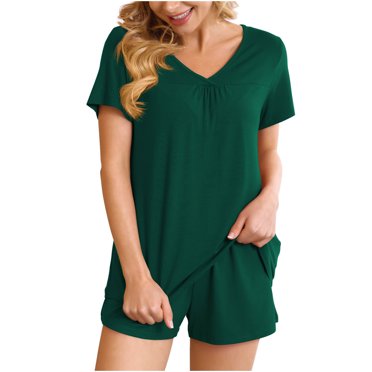 drppepioner Ensemble 2 Pcs pour Femme Col en V Manches Courtes Pyjama de Maison Confortable Ensemble de Sport