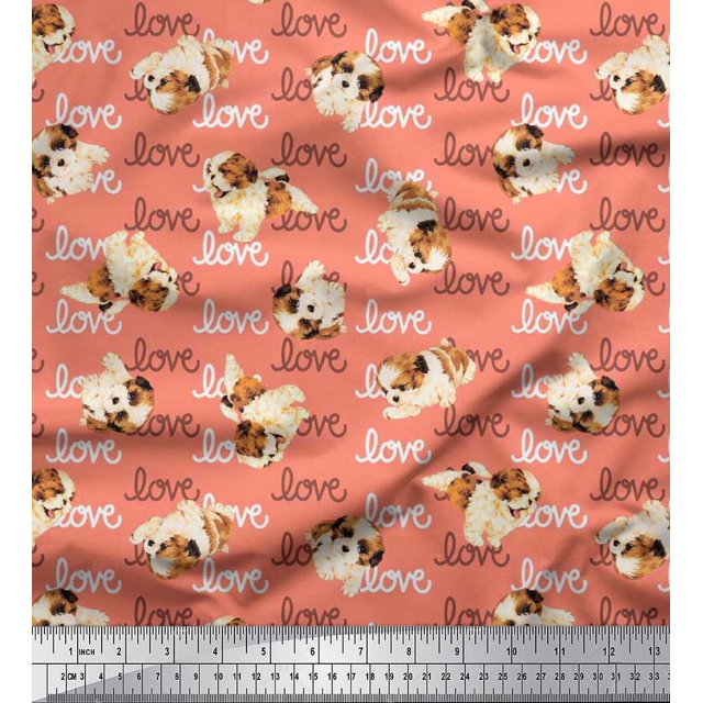 Soimoi polyester Crepe Fabric Love Text & Puppies Dog Print Sewing Fabric Yard 42 Inch Wide