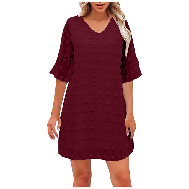 Robe d'Été pour Femmes 2024 Mode Grande Taille Robe Unie à Col en V en Mousseline à Pois à Manches Courtes à Col en V Rabais de 50 % Liquidation!