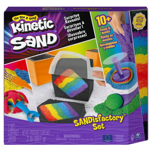 Kinetic Sand, Sandisfactory Set with 2lbs of Colored and Black Kinetic Sand, Includes Over 10 Tools, Made with Natural Sand, Play Sand Sensory Toys for Kids Aged 3 and Up