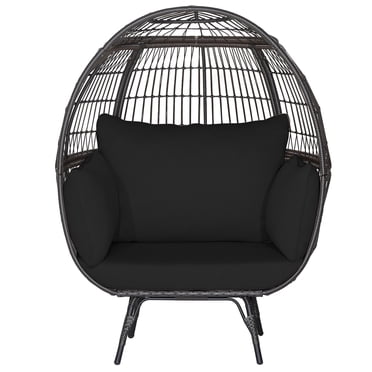 Gymax Chaise Longue de Patio en Rotin Osier Surdimensionnée pour l'Extérieur, Cadre en Métal, Fauteuil Oeuf avec 4 Coussins, Noir