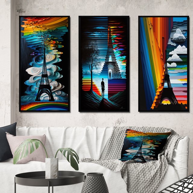 Designart "Contemporary Rainbow Eiffel Tower in Paris II" City Paris Framed Wall Art Set Of 3 - Multicolor Paris Frame Gallery Wall Set For Home Decor