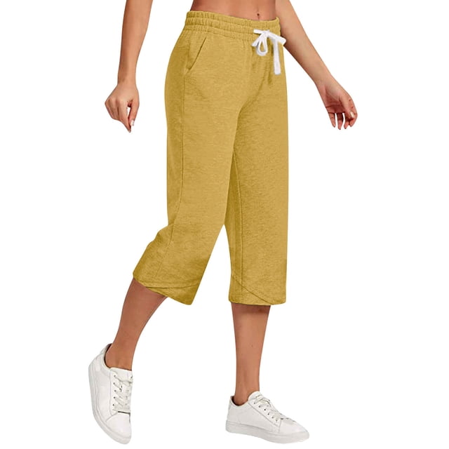 Jsaierl Women's Cotton Linen Elastic Drawstring Waist Capris, Solid