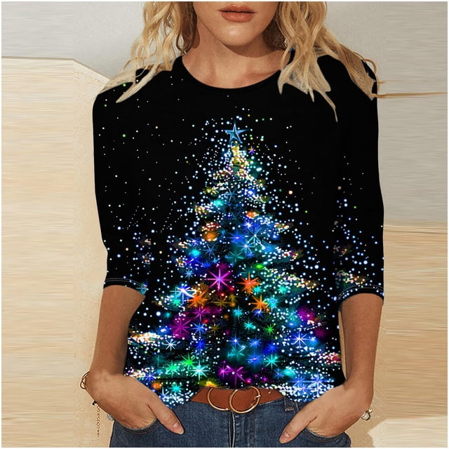 RKSTN Chemisiers pour Femmes T-Shirts Mode pour Femmes Décontractés Col Rond Manches 3/4 T-Shirt Ample Chemisiers pour Dames Chemises Chemisiers pour Femmes Chic Décontracté