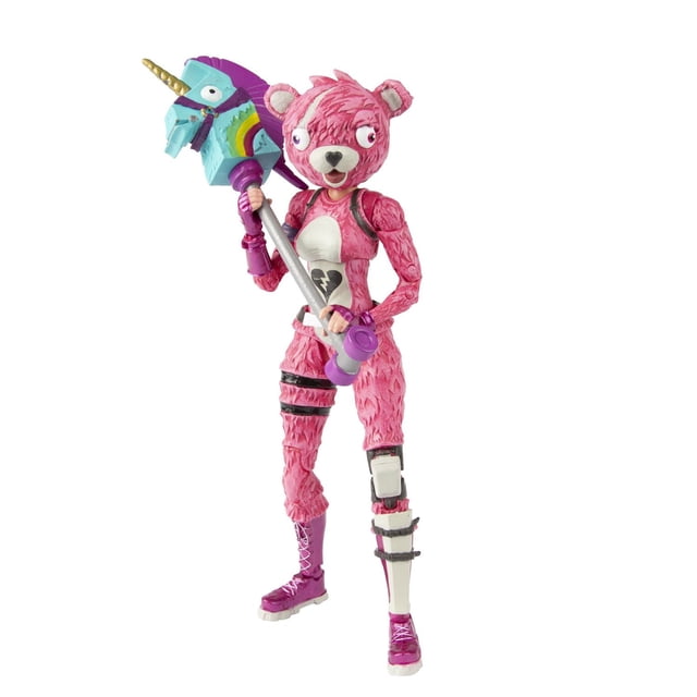 Fortnite Cuddle Team Leader 7" Action Figure dressed in a textured pink bear costume with a white chest panel showing a broken heart emblem, purple combat boots, and black leg straps. The figure holds the Rainbow Smash unicorn harvesting tool with a gold horn and rainbow detail, featuring over 18 points of articulation for dynamic posing, suitable for Fortnite video game figure collectors.