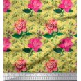 thumbnail image 1 of Soimoi Tissu Popeline de Coton Jaune Imprimé Feuilles & Roses au Mètre 42 Pouces de Large, 1 of 3