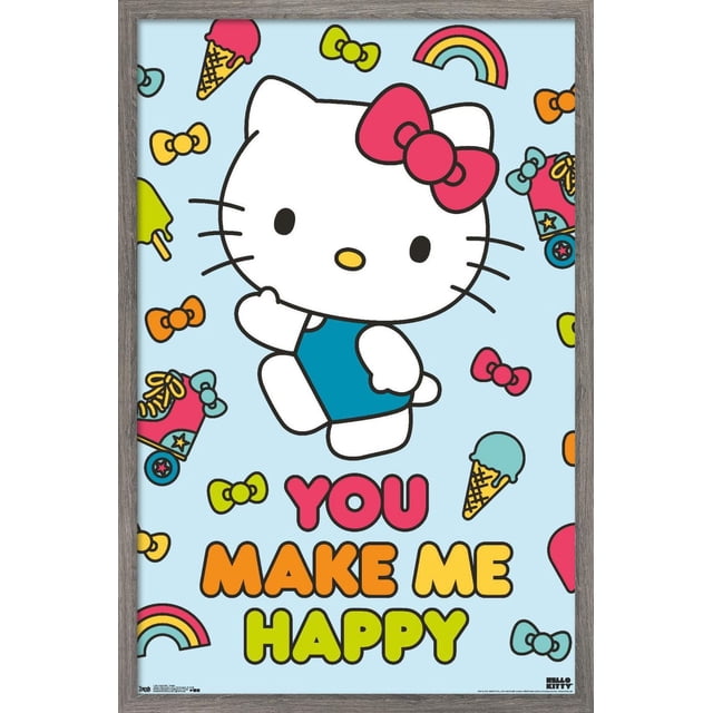 Hello Kitty - Happy Wall Poster, 22.375" x 34" framed wall poster featuring Hello Kitty in a blue outfit with a red bow on a light blue background decorated with colorful bows, ice cream cones, rainbows, and roller skates, with the phrase 'You Make Me Happy' in bold red, orange, and yellow letters, suitable for bedroom, office, or dorm room decor.