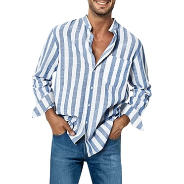 Ediodpoh Mens Fashion Casual Striped Linen Buckle Collar Pocket Long Sleeve Shirt Top Men's Casual Shirts Light Blue XL