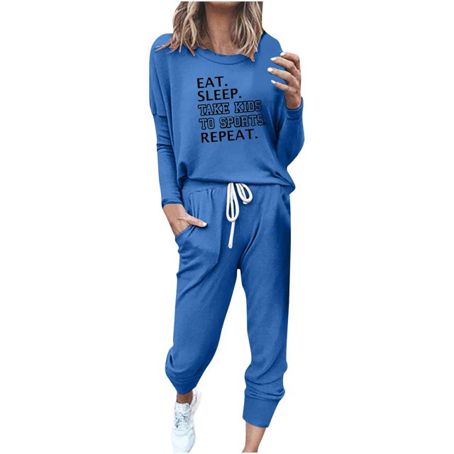 Pisexur Womens Lounge Set 2 Piece Outfits Long Sleeve Letter Print Blouses Tops Drawstring Pockets Long Pants Track Suits Plus Size Vacation Outfits Sweatsuit Set S-5XL