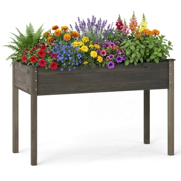 Costway Wooden Raised Vegetable Garden Bed Elevated Grow Vegetable Planter Grey