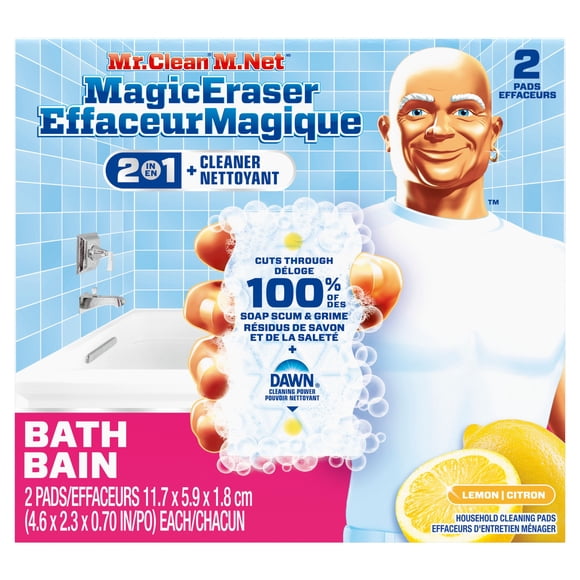 Mr. Clean Éponge EffaceurMagique, Nettoyant pour Salle de Bain, Nettoyant pour Résidus de Savon, Douche et Baignoire, Bain 2 en 1, 2 Unités