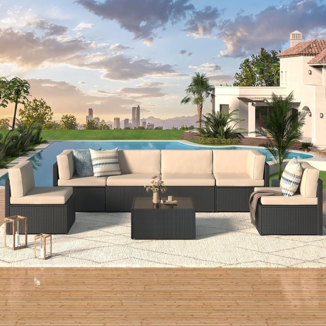 YODOLLA 7-Piece Patio Furniture Set, black rattan wicker outdoor sectional sofa with beige cushions and a matching table. Perfect for outdoor spaces like patios, lawns, or backyards, this conversation set accommodates up to six people. Features hand-woven rattan design, durable steel frame, and detachable cushions for easy maintenance.