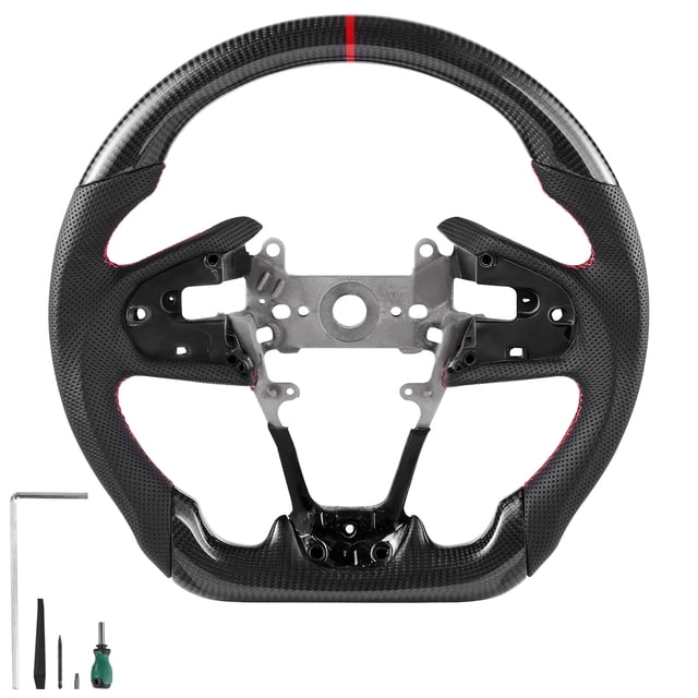 VEVOR Steering Wheel for 2016-2021 Honda Civic, Carbon Fiber Steering Wheel D-Shaped Flat-Bottom, Leather Grip with Non-Slip Texture & Precise Stitching, Accessories Replacement for Honda Civic, Black