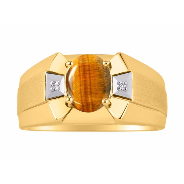 RYLOS Men's Rings Yellow Gold Plated Silver Rings Classic Designer 9X7MM Gemstone & Diamond Ring Tiger Eye November Birthstone Ring Size 8