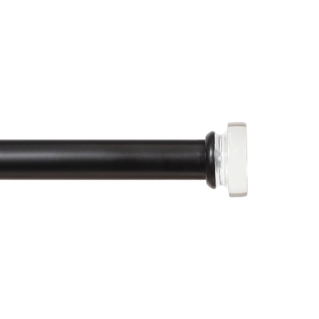 Mainstays 30-84 in. Irvine Adjustable Decorative Window Curtain Rod in black with 3/4 inch diameter, featuring a matte black finish and clear glass finial, shown in a close-up side profile on white background, suitable for medium to heavyweight curtains.