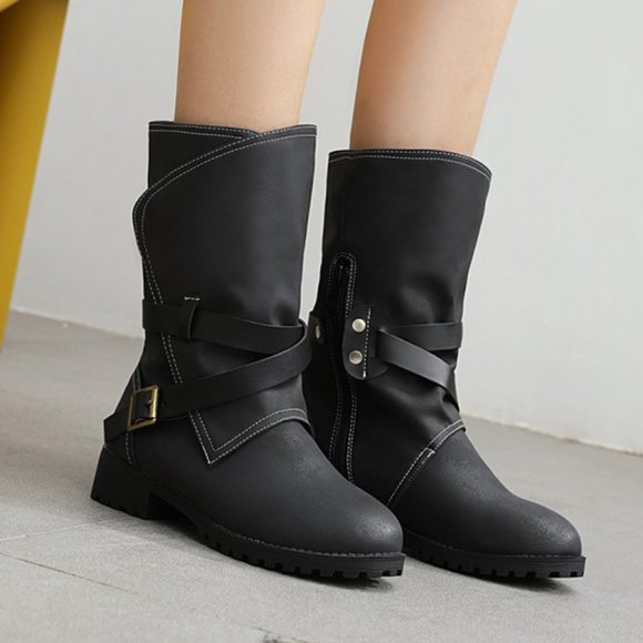 EGNMCR Winter Boots for Women Women Shoes Fashion Belt Buckle Solid Color Anti-skid Mid Heels Casual Warm Wear-resistant Slip-on Fleece Cowboy