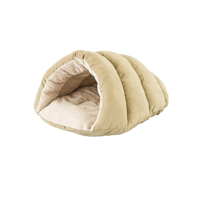 Ethical Pets Sleep Zone 22" Small Cuddle Cave Dog and Cat Pet Bed in beige with ribbed faux suede exterior and plush interior, designed to maintain loft and prevent fiber clumping for lasting comfort and security, ideal as a cozy retreat for small pets.