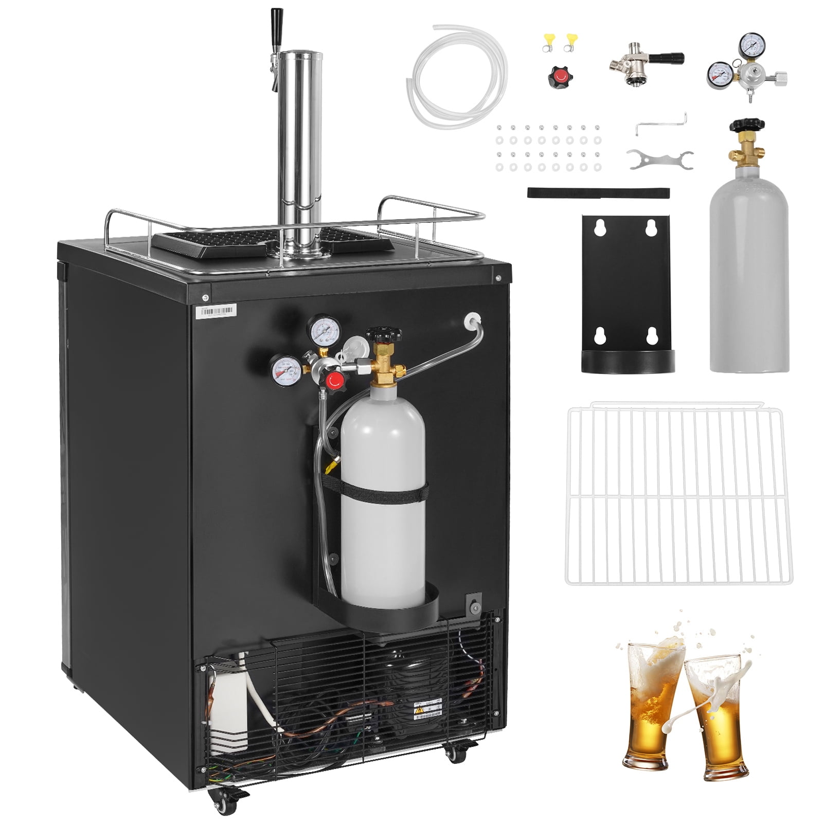 KFFKFF Beer Cooler, Single Faucet Draft Beverage Chiller, Large Capacity Keg Fridge with Storage, CO2 Cylinder (Empty), Spill Tray & Guardrail, 23°F- 82.4°F Adjustable Cooling, 162L, Metallic Finish