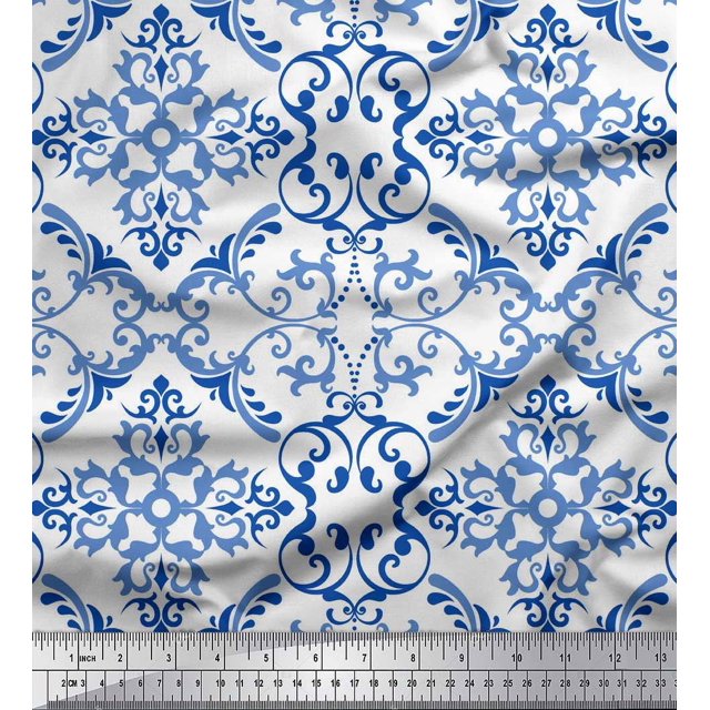 Soimoi White Poly Georgette Fabric Vector Design Damask Printed Craft Fabric by the Yard 52 Inch Wide