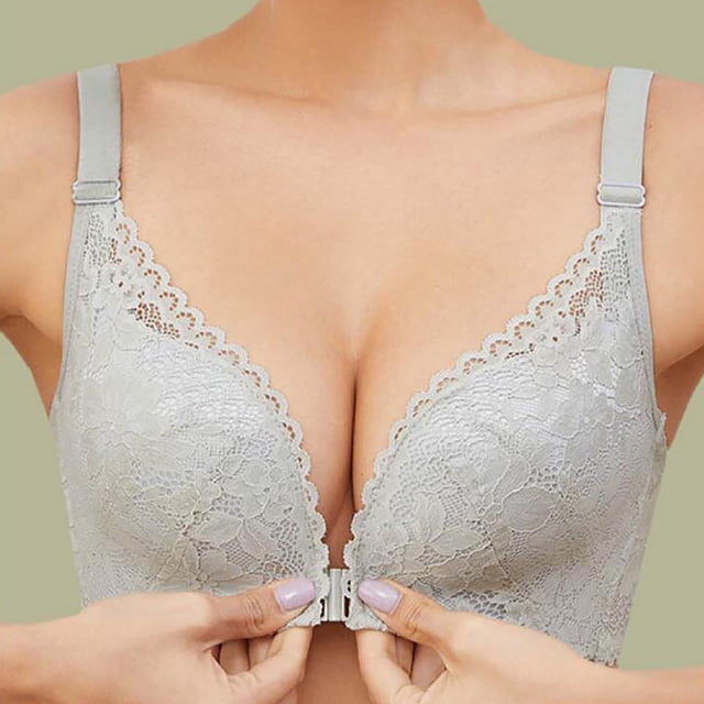 Meichang Front Closure Bras for Women Plus Size Unpadded Lace Racerback Lightly Buckle Bras Wireless Full Coverage Push Up Bras Comfortable Ultra Thin Everyday Bras Gray S