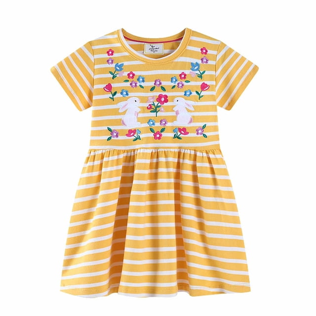 MIASHUI Robes de Pâques pour Filles, Robe Décontractée à Manches Courtes avec Lapin, Jaune, 4-5 Ans