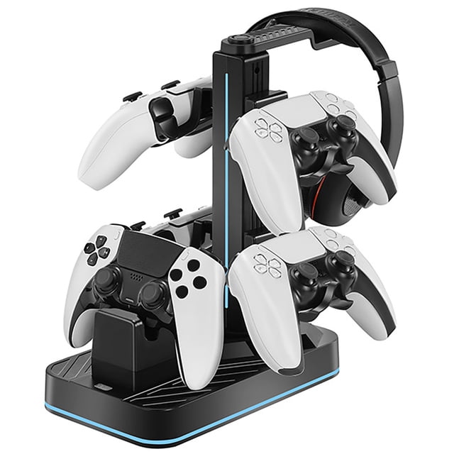 Station de Recharge pour Manettes de Jeu et Support pour Casque compatible avec Nintendo Switch 2, PS5 et Xbox Series. Ce rack de Rangement Multifonction Accueille jusqu'à 4 Manettes de Jeu et 1 Casque, Doté d'Une Station de Recharge Intégrée avec des Lumières DEL Bleues Qui Se Transforment en Vert Lorsqu'Une Charge Complète Est Effectuée. Comprend 7 modes Lumineux DEL Personnalisables et 3 ports USB 2.0 pour le Chargement Supplémentaire d'Appareils Ou le Transfert de Données. Fabriqué en Plastique ABS durable au design compact, Mesure 39x21.2