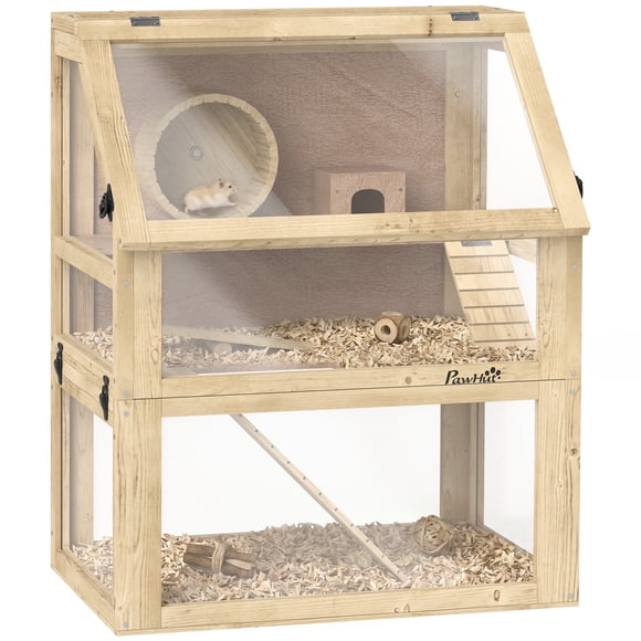 PawHut Wooden Hamster Cage, 3 Tier Gerbil Cage with Deep Bottom