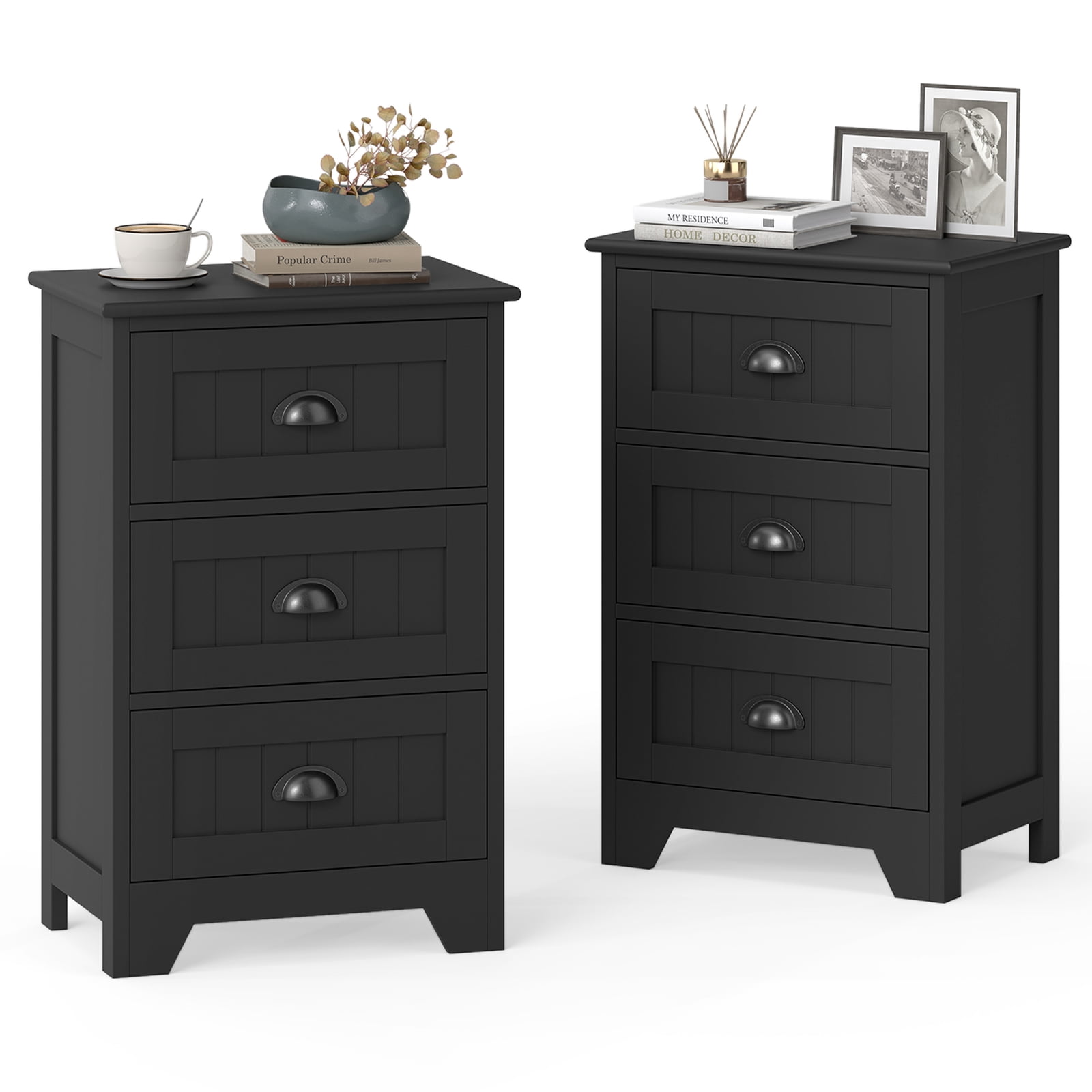 Gymax 2 PCS 3 Drawers Nightstands End Table Storage Wood Side Bedside Black