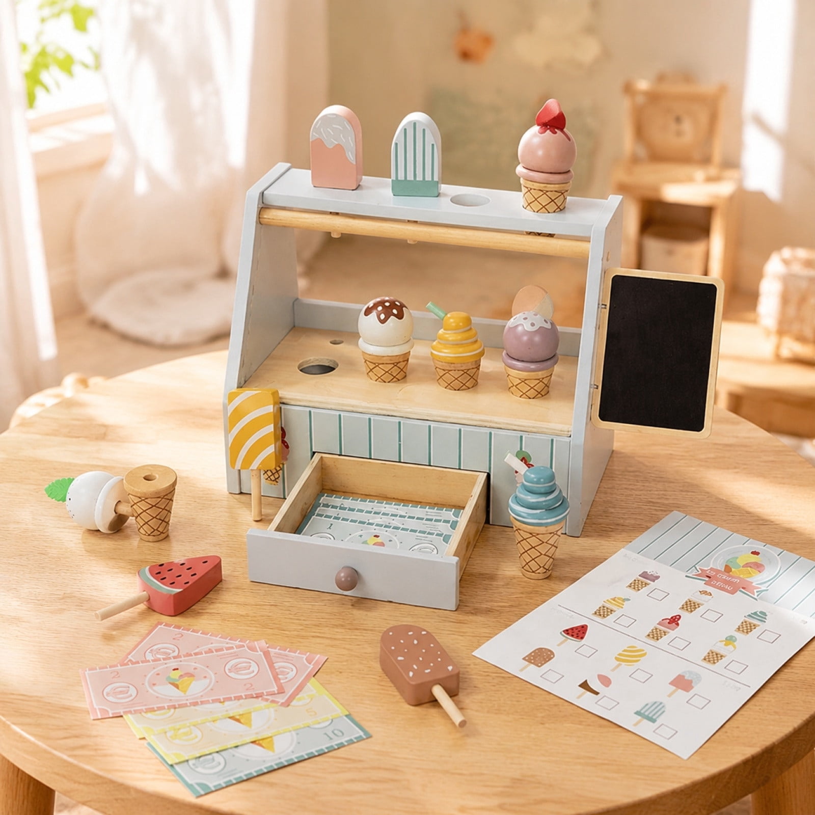 Wooden Ice Cream Shop Play Set, Pretend Dessert Counter Toy Collection, Menu And Serving Accessories, Imaginative Role Play Kitchen Activity Set, Social Learning Toys