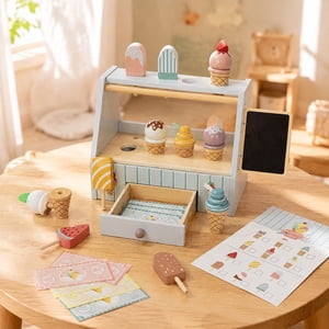 Wooden Ice Cream Shop Play Set, Pretend Dessert Counter Toy Collection, Menu And Serving Accessories, Imaginative Role Play Kitchen Activity Set, Social Learning Toys