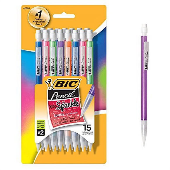 BIC Crayon Mécanique Extra Scintillant, Baril Coloré, Pointe Moyenne (0,7 mm), Lot de 15