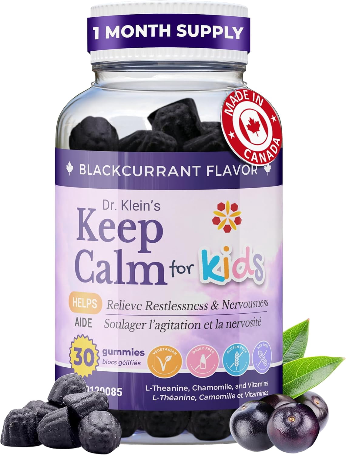 Keep Calm Gummies for Kids Ages 5+ – Magnesium Glycinate, L-Theanine, Chamomile Extract, Vitamins B12 & D – Supports Balance & Focus – Naturally Sweetened – Black Currant Flavor– 30 Gummies – Rhoziva