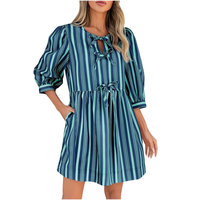 yoeyez Robes d'Été pour Femmes 2025 Maxi Mignon Manches Bouffantes 3/4 Rayé Nœud Papillon Mini Robe Soleil Col Ras du Cou Décontractée Robes Babydoll Ample Fluide Robe de Plage Bleu,P