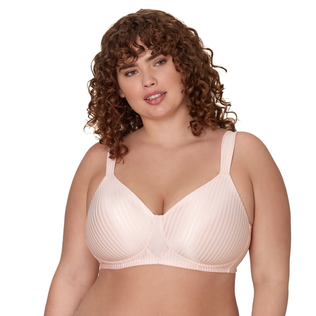 Playtex All Over Silky Smoothing Soutien-Gorge Sans Armatures de Maintien pour Silhouette Généreuse en Rose Pâle avec texture à Rayures Verticales, Doté de Bonnets Ultra-Légers Doublés de Mousse à Couverture Complète, de Larges Bretelles Coussinées Doublées de Coton et d'Un Encolure en V Féminine, Montré sur un Modèle Orienté vers l'Avant.