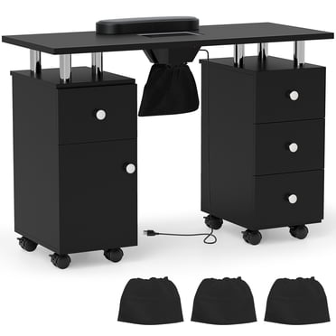 Costway Rolling Manicure Table Nail Desk with with 8 Lockable Wheels & Electric Dust Collector 3 Dust Bags Wrist Rest Black