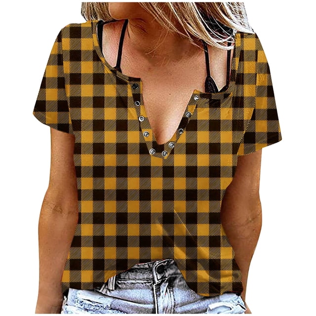 Liquidation d'Économies! Hauts pour Femmes Grande Taille, Blouse d'Été à Manches Courtes pour Femmes, T-shirt Blouse à Col Rond à Boutons Imprimé à Manches Courtes pour Femmes