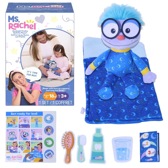 Ms. Rachel, Bonne nuit Frankie, Coffret pour le coucher, peluche de 27,9 cm avec sac de couchage et accessoires, jouets pour tout-petits, pour filles et garçons de 18 mois à 3 ans et plus