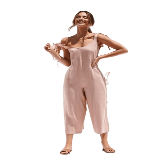 Women‘s Summer Sleeveless Backless Loose Relax Fit Pure Color Spaghetti Strap Cotton Linen Jumpsuit