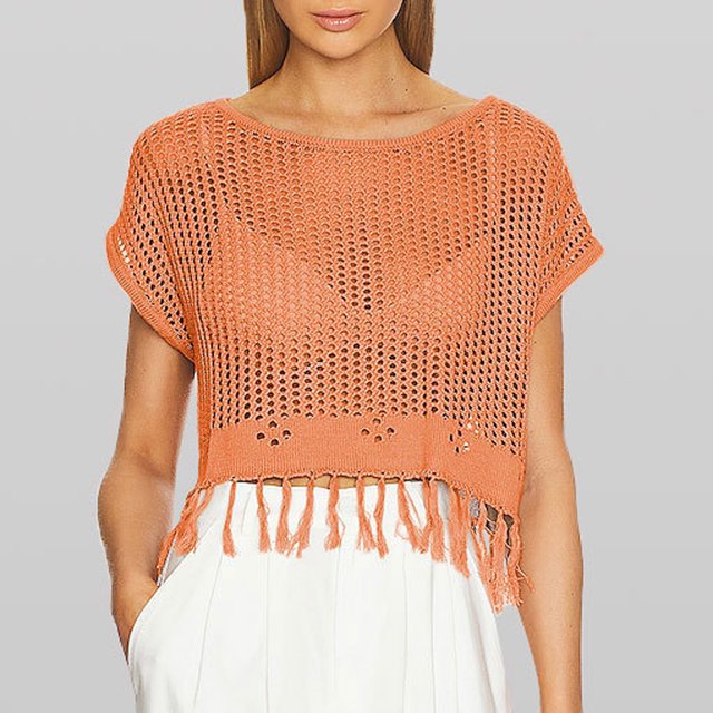 Économies pour une Durée Limitée, Blouse Décontractée à Franges à Manches Courtes et Coupe Ample à Col Rond pour Femme, Tunique à Découpes pour l'Été, Chaude et Stylée/acrylique, Orange, Sopatenor