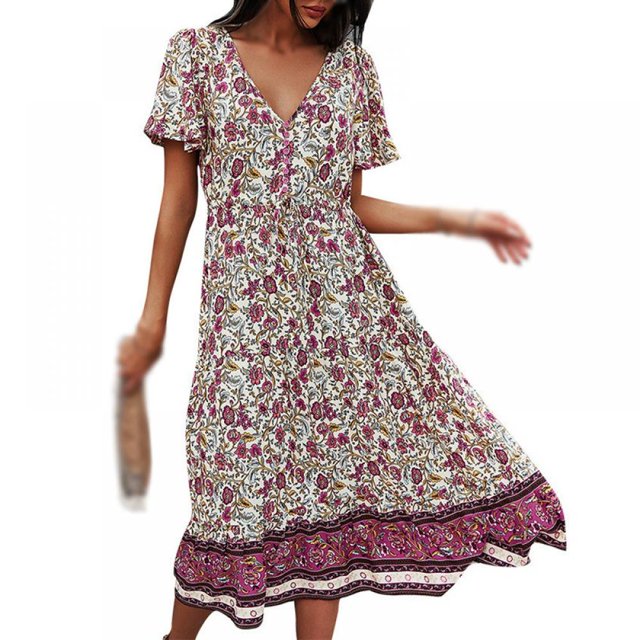 MesaSe Femmes Boho Floral Imprimé V Cou Wrap Robes Manches Courtes Plage Décontractée Maxi Robe Longue