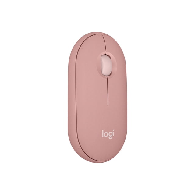 Logitech Pebble Mouse 2 M350s Mince Léger Sans Fil Mouse en Rose Atténué avec Forme Arrondie Minimaliste, Molette de Défilement à Clic Silencieux, et logo logi sur le Dessus, Montré dans une Vue avant 3/4 sur Fond Blanc. Bluetooth Mouse Prend en Charge une Commutation Facile sur Trois Appareils et Présente une construction en Plastique Recyclé, Idéal pour une Utilisation portable Multi-Appareils.