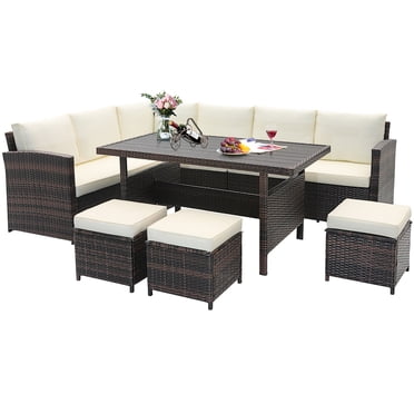 Gymax Ensemble de Conversation pour Patio en Osier 7 Pcs, Ensemble de Canapé Sectionnel avec Coussins Blancs