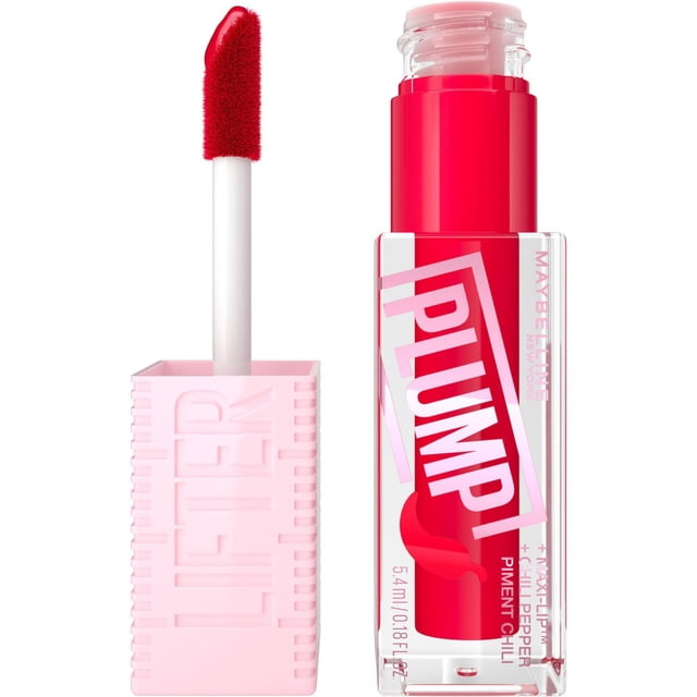 Maybelline New York Lifter Plump Lip Gloss, 5.4 ml, with applicator wand removed. Clear rectangular tube shows pink and red 'PLUMP' branding and chili pepper icon, highlighting chili pepper-infused plumping formula. Applicator has red angled tip and textured light pink handle embossed with 'LIFTER'.