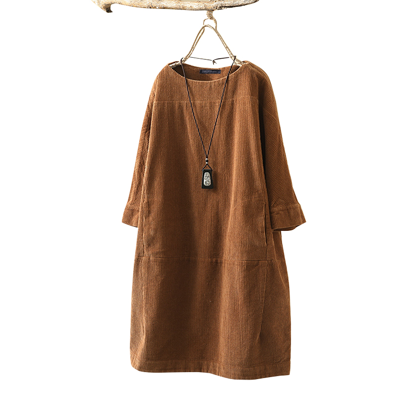 ZANZEA Robe Midi en Velours Côtelé Vintage Décontractée pour Femmes, Couleur Unie, Hauts Longs
