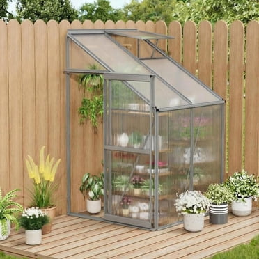 Heavy Duty 4x4FT Lean-to Polycarbonate Greenhouse – Walk-In Outdoor Plant Shelter with Adjustable Roof Vent, Sliding Aluminum Door, Winter Nursery for Patio – 8 - Original Color