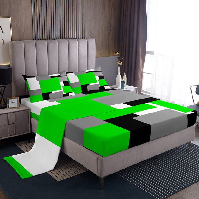 Erosebridal Chic Abstract Bed Sheets Set Twin Size, Green Bed Sheets Twin, Rectangle Geometry Decor 3 Pieces